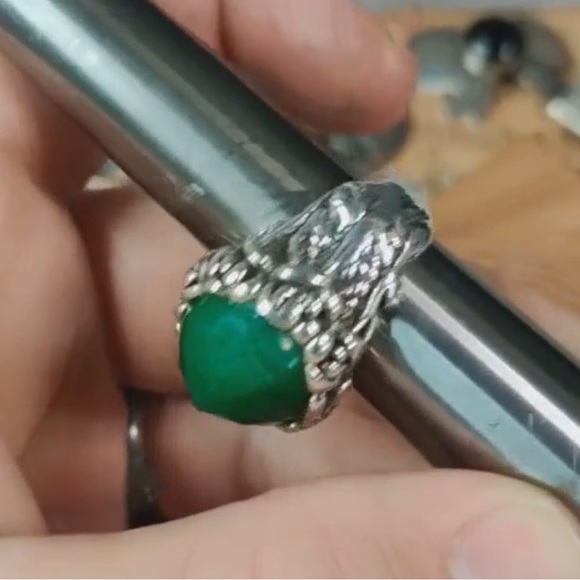 Sterling Silver Chunky Bezel set Faceted Green Onyx Floral 926 Stamped Ring - Picture 7 of 12